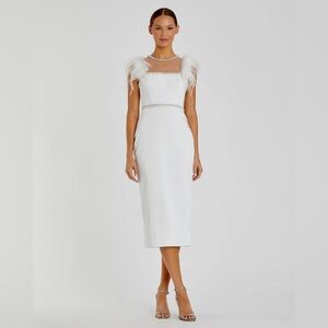 Mac Duggal White Feather Cap Sleeve Pearl Embellished Tea-length Fit Dress